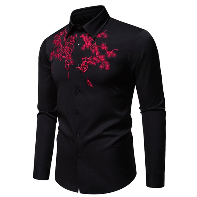 Styesk Chemises pour Hommes Hommes Décontracté Mode Broderie Impression Bouton Manches Longues Col Rabattu Blouse Chemise