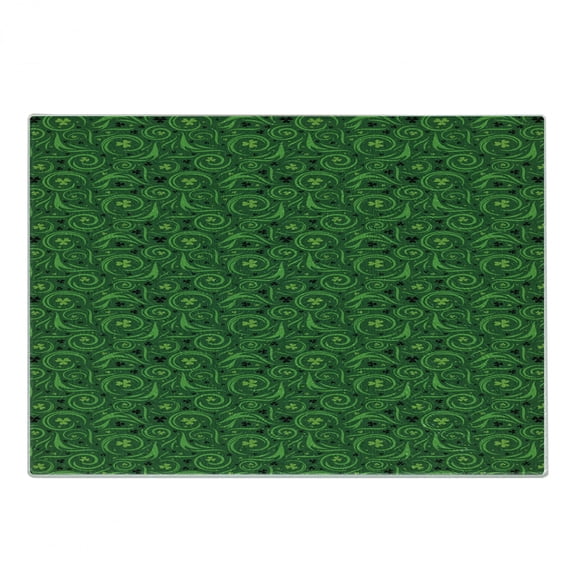 Abstract Green Cutting Board, Jumble Shamrock Themed Pattern St Patrick's Day Design, Decorative Tempered Glass Cutting and Serving Board, in 3 Sizes, by Ambesonne