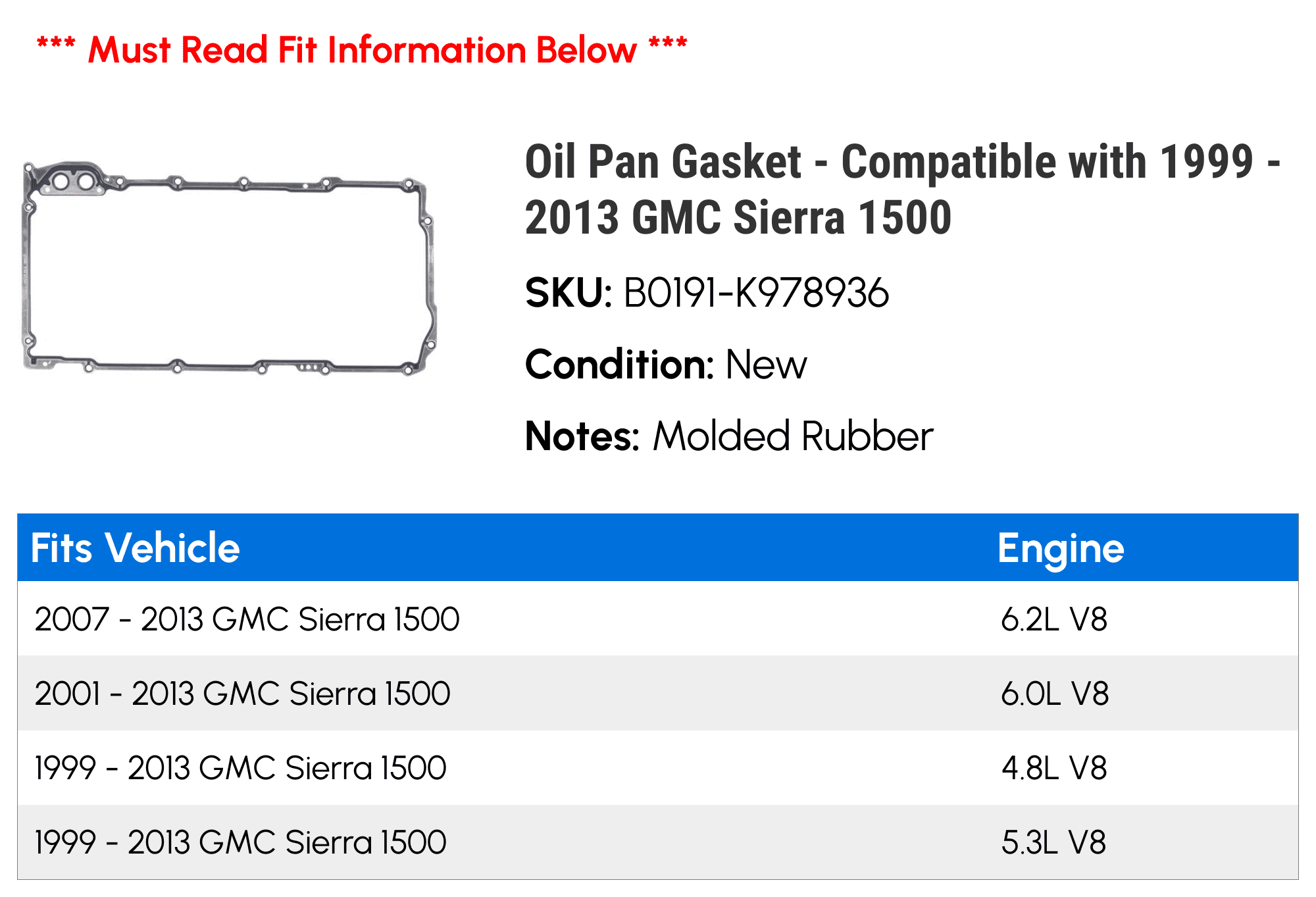 Oil Pan Gasket - Compatible with 1999 - 2013 GMC Sierra 1500 2000 2001 2002 2003 2004 2005 2006 2007 2008 2009 2010 2011 2012