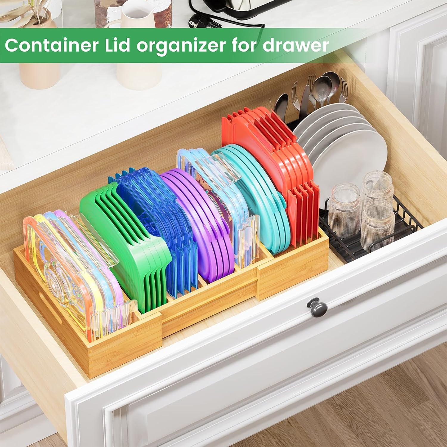 Semiocthome Drawer Organizer Bamboo Expandable Lid Organizer with 3 Adjustable Divider,Kitchen,Natural