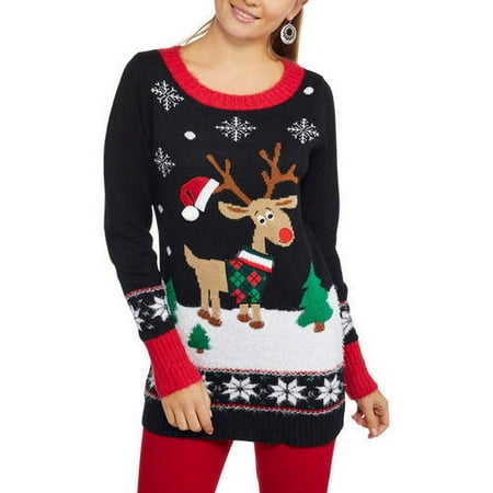 No Boundaries Junior Women Black Reindeer Christmas Holiday Sweater ...