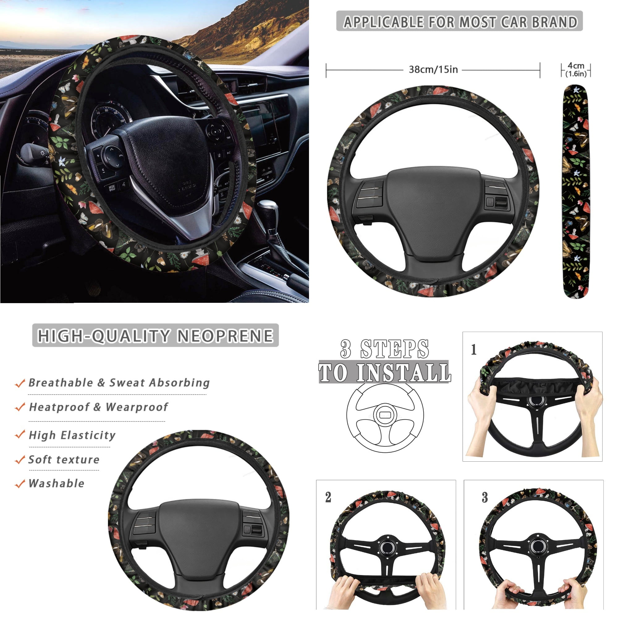 Yuyamidu Butterfly Car Seat Cover Protector Mushroom Steering Wheel Cover Seatbelt Pads Auto Armrest Cover Trash Bin Rearview Mirror Cover Handbrake Cover Set Coasters 14pcs Car Accessories Set