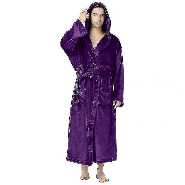 Plus Size Men Luxury Dressing Gown Hooded Warm Fleece Bathrobe Soft Cozy Lounge Robe Nightwear G
