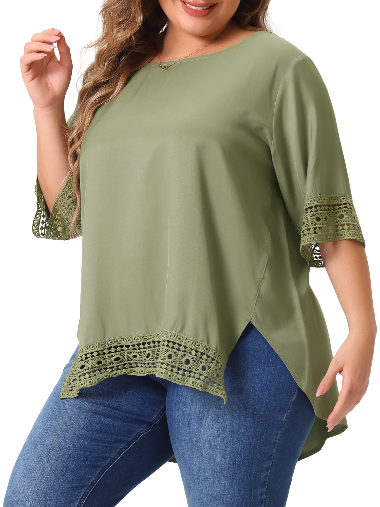 Women's Plus Summer Tops Lace Crochet Short Sleeve Casual Blouses 4X Army Green