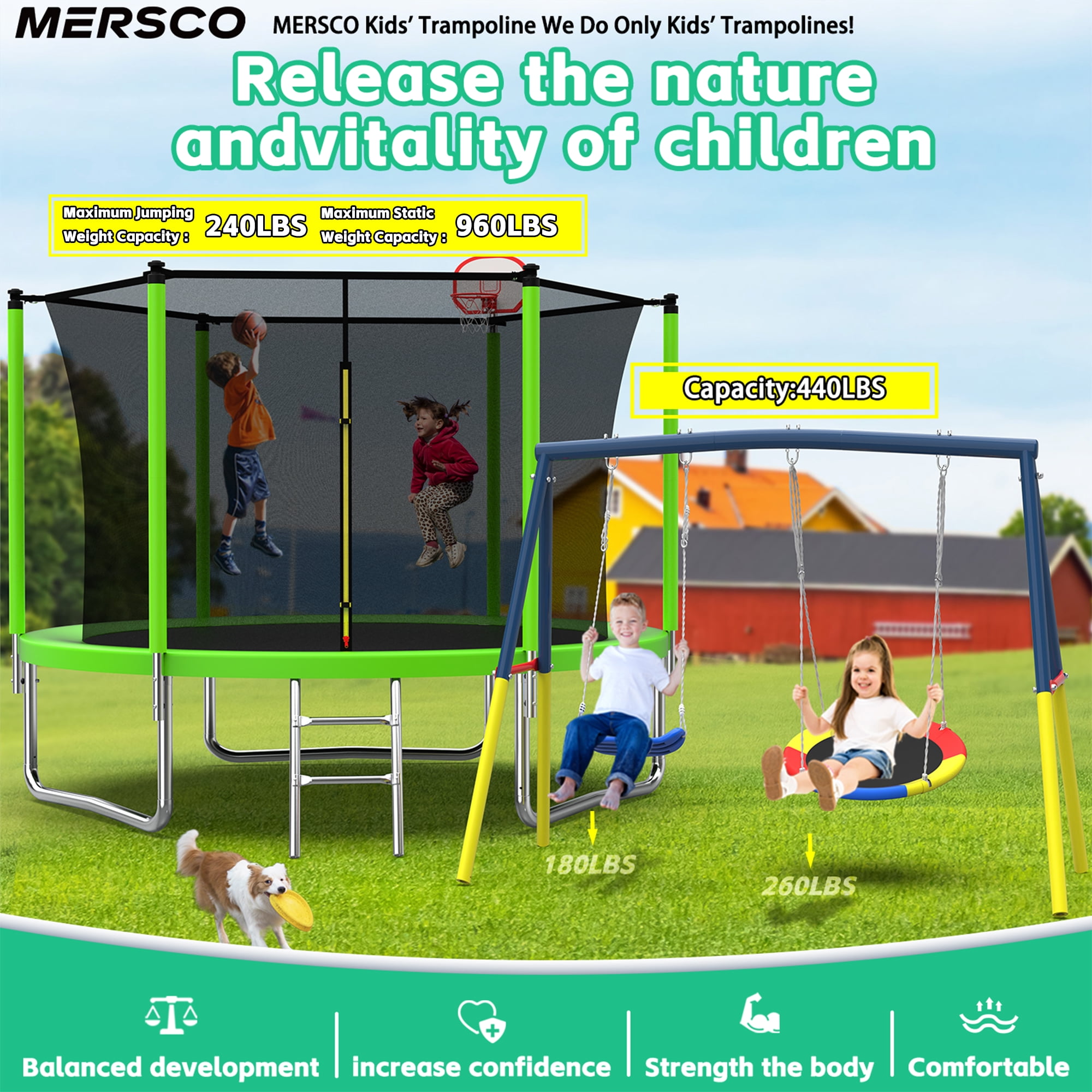 Mersco 10FT Heavy Duty Trampoline with Enclosure Net , Swing Set Outdoor Big Trampoline for Backyard, Kids Trampoline with Basketball Hoop, Birthday and Holiday Gifts for Kids,Green