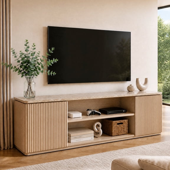 Hvoonc 70" Fluted TV Stands for Living Room with Storage, Faux Marble Top, Modern Wood Television Console for 65-80" TVs, Large Entertainment Center, Natural Oak