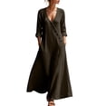 thumbnail image 2 of Uscallm Women's V Neck 3/4 Sleeve Button Down Maxi Dresses Flowy Boho Casual Loose Long Travel Beach Sundresses, Brown S, 2 of 6
