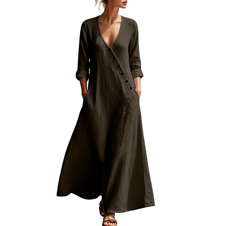 ladies summer dresses with 3 4 sleeves Karymi Maxi Dress, V-Neck 3/4 Sleeve Loose Flowy Dress Diagonal Buttons & Side Pockets, Solid Spring Beach Dress Summer for Women Dress Shop