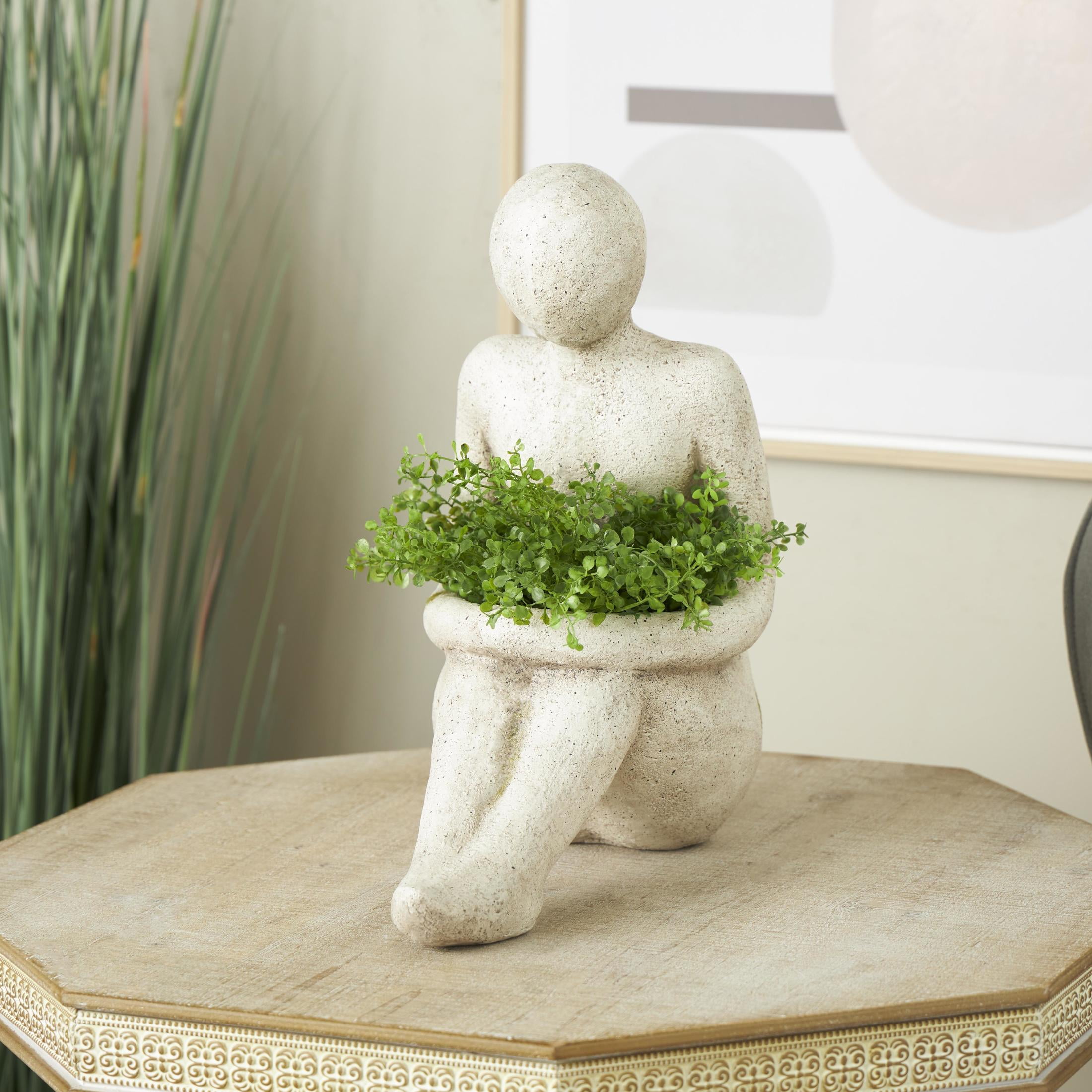 DecMode 16" x 17" Sitting Cream Polystone People Planter