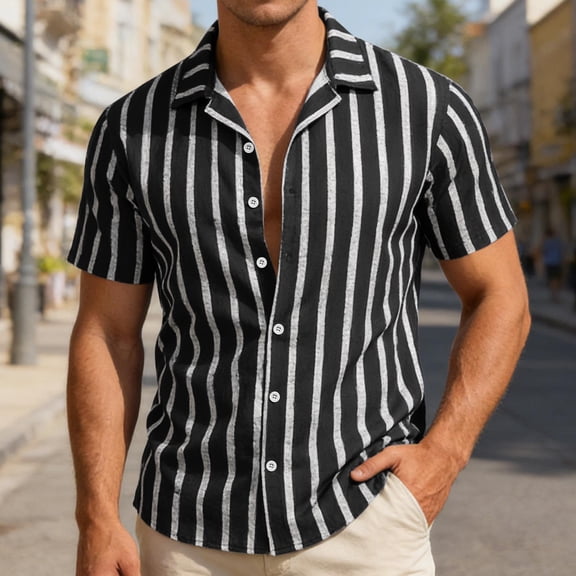Mens Casual Shirts Striped Short Sleeve Button Down Lapel Blouse Comfortable Lightweight Beach Shirts for Men Black L