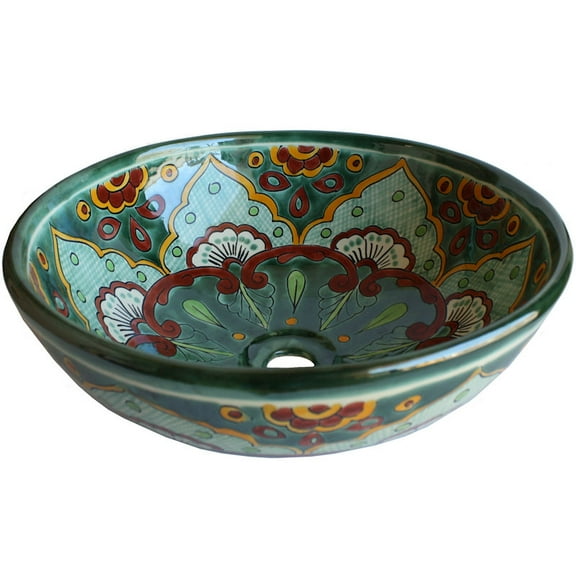 Green Greca Round Ceramic Talavera Vessel Sink