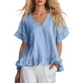 thumbnail image 2 of ClodeEU Women's V Neck Short Sleeve Blouse with Ruffle Hem, Casual Loose Fit Flowy Top Sky Blue,Women's Plus L, 2 of 6