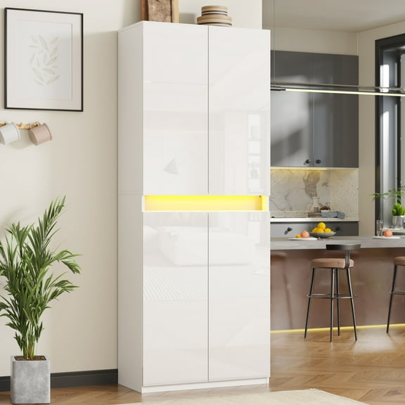 71" Tall Kitchen Pantry, Pantry Storage Cabinet with High Gloss Doors, Modern Buffet Hutch Cabinet with Led Light and Adjustable Shelves for Dining Room, Living Room, White