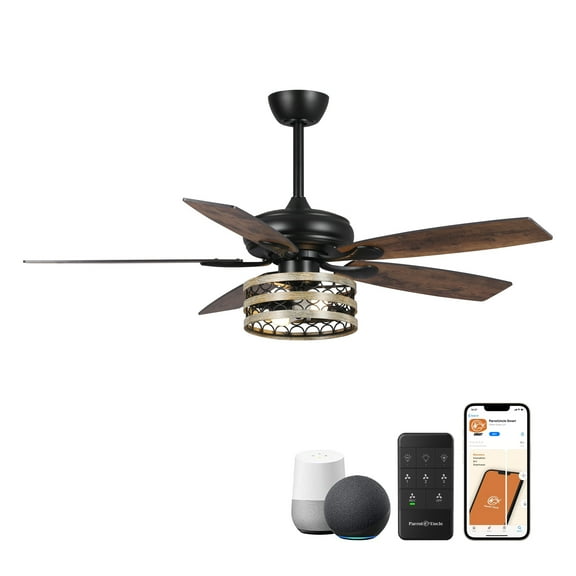 Parrot Uncle Smart Ceiling Fan with Light 52 inch Matte Black Farmhouse Ceiling Fan with Light 2 Bulbs Not Included, Compatible with Alexa
