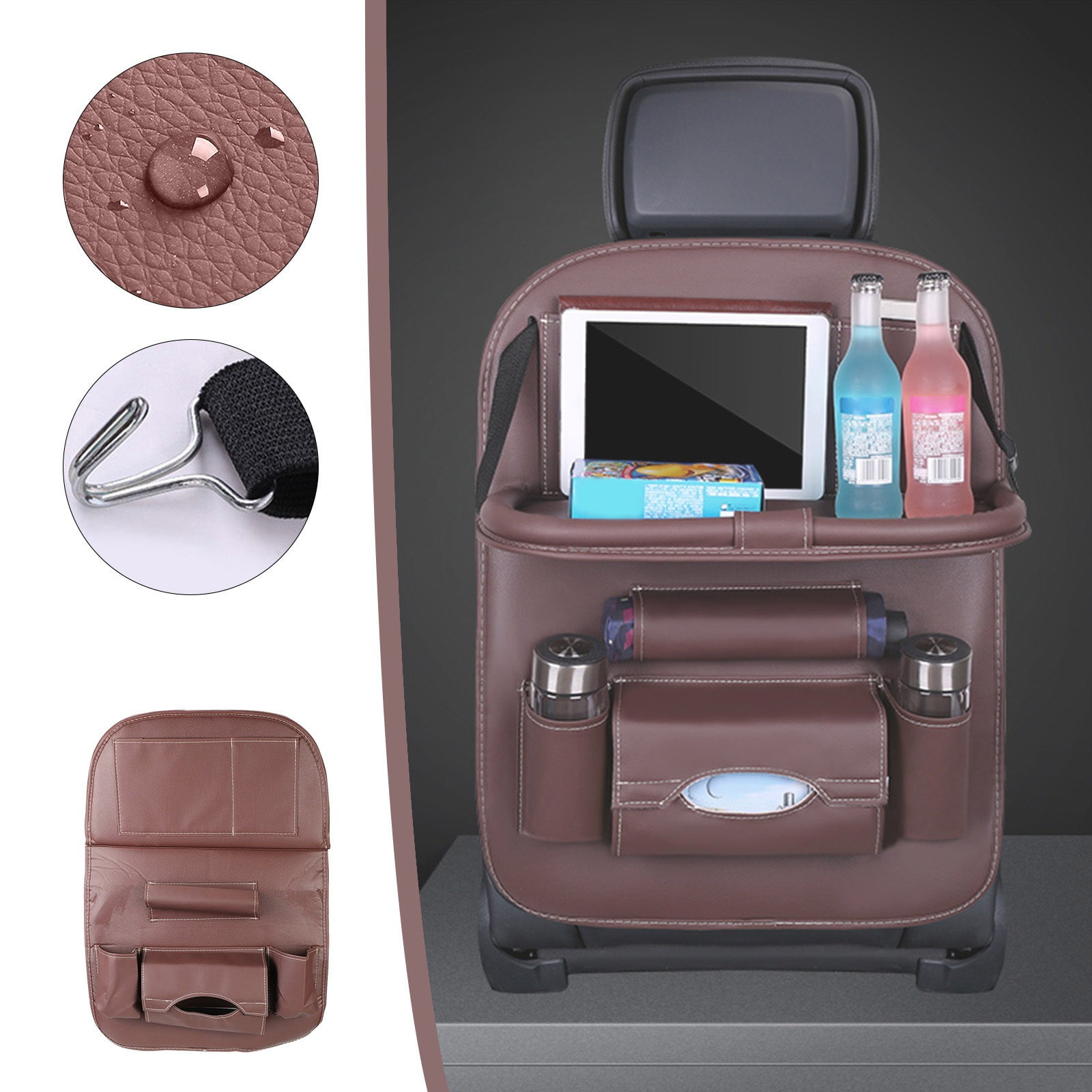 Ywbawe Leather Car Back Seat Organizer with Folding Tray, PU Material Storage Bag for SUV and Vehicle Travel, 1 Count
