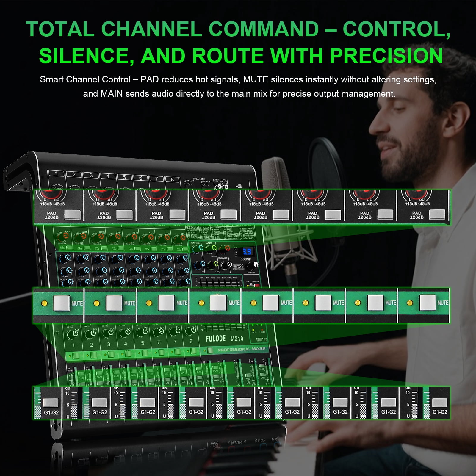 10 Channel Mixer Audio, Professional Music Sound PA Mixer DJ Mixing Board Console with 99 DSP Effects, Dual 7-Band EQ, Bluetooth, USB Interface, PAD, MUTE Button for Recording Stage Karaoke