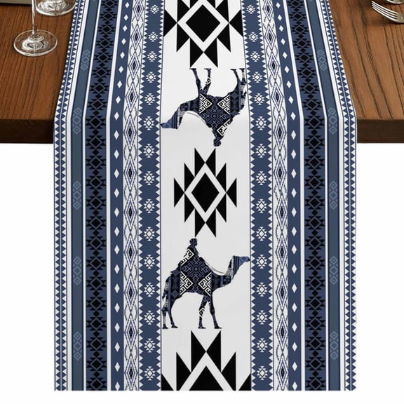 Table Runners 72 Inches Long Dress Scarves, Navy Blue Boho Farmhouse Kitchen/Dining Table Runner, Coffee Tablerunners, Vintage Abstract Art Ethnic Tribe 13x72 Inch