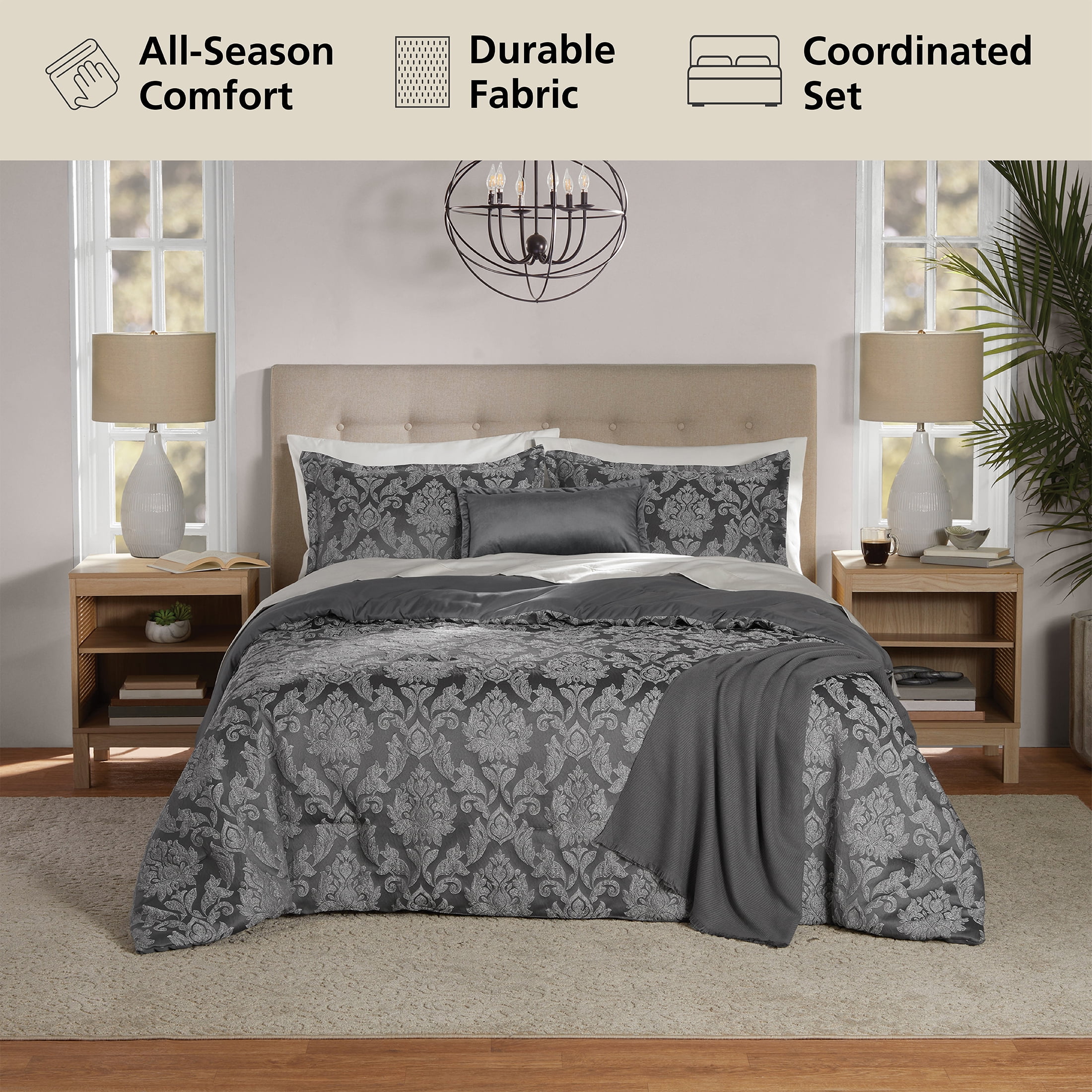 Mainstays Full/Queen Comforter Set, All-Season, 5-Piece, Grey Jacquard Damask