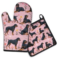 Rottweiler Dogs with Flowers Kitchen Oven Mitt and Pot Holder Sets 2 Pcs for Baking, Cooking and Grilling, Heat Resistant Up To 392 °F