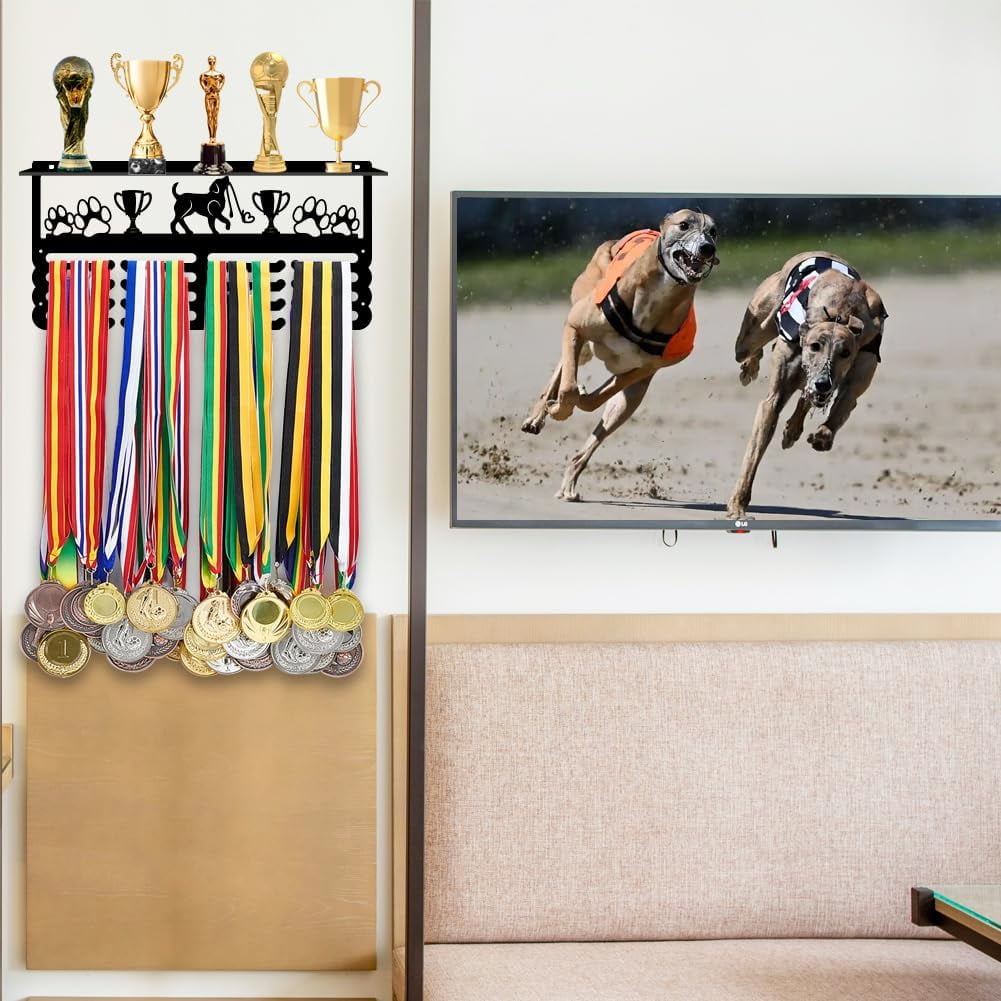 PH Dog Medal Holder Trophy Shelf Organizer Medal Hanging Display Rack Dog Competition Metal Medal Display Personalized Wall Mount Tiered Award Rack Gift for Pet 15.8x7.8inch Colorful