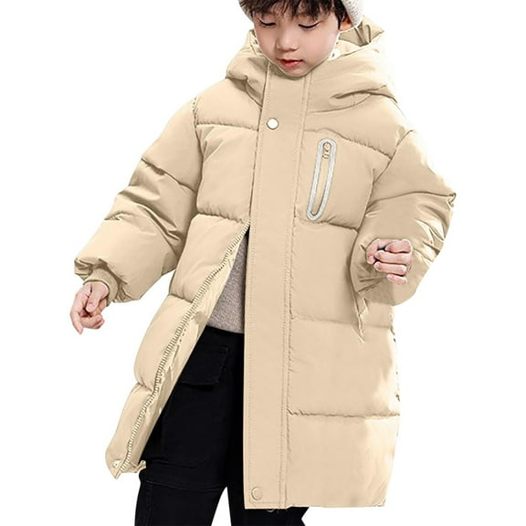 Ruyang Kids Winter Puffer Coat Boys Girls Padded Warm Puffy Long Parka Coat Zip Up Button Hooded Down Quilted Outwear