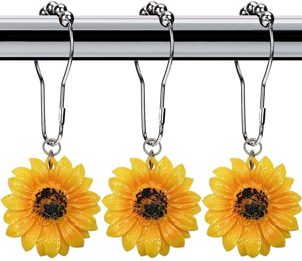 12Pcs 304 Stainless Steel Shower Curtain Rings and Hooks for Bathroom Shower Rodshooks & Liners Curtains-Yellow & Black Sunflower Shower Curtain Rings Hooks