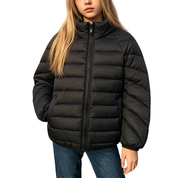 Owordtank Girls Stand Collar Zip Up Lightweight Quilted Puffer Jacket Casual Warm Outerwear Coat