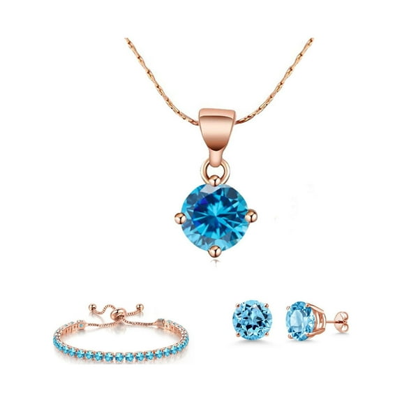 Paris Jewelry 18k Rose Gold 6 Ct Round Created Blue Topaz Set of Necklace, Earrings and Bracelet Plated
