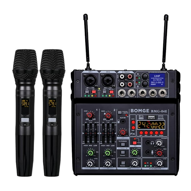 Mezclador de audio Karaoke BOMGE 04E de 4 canales con micrófono inalámbrico UHF dual