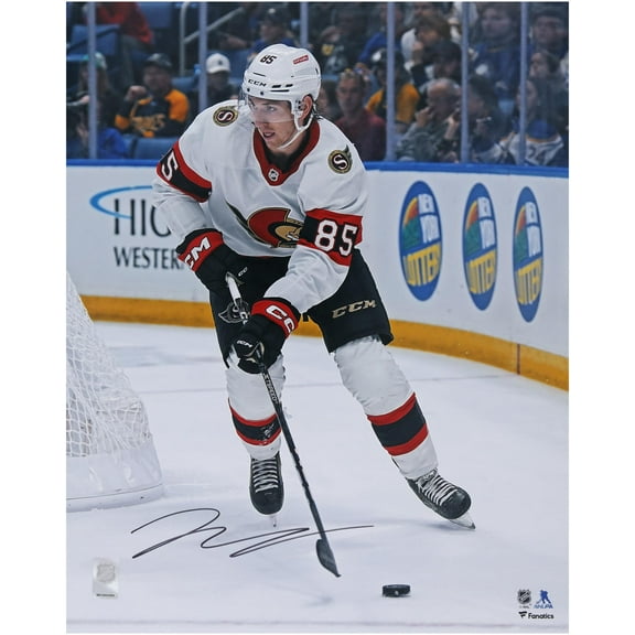Jake Sanderson Ottawa Senators Autographed 16" x 20" White Jersey NHL Debut Photograph - Fanatics Authentic Certified