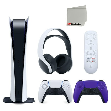 Sony Playstation 5 Digital Version (Sony PS5 Digital) with Extra Galactic Purple Controller, White PULSE 3D Headset and Media Remote Bundle with Screen Cleaning Cloth