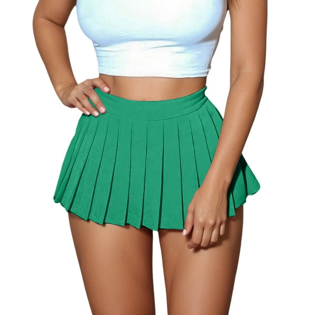 Aocisk Jupe Plissée Mini Unie pour Femmes, Coupe Trapèze, Taille Haute Évasée avec Fermeture Éclair, Jupe Courte Décontractée Extensible, Vert m