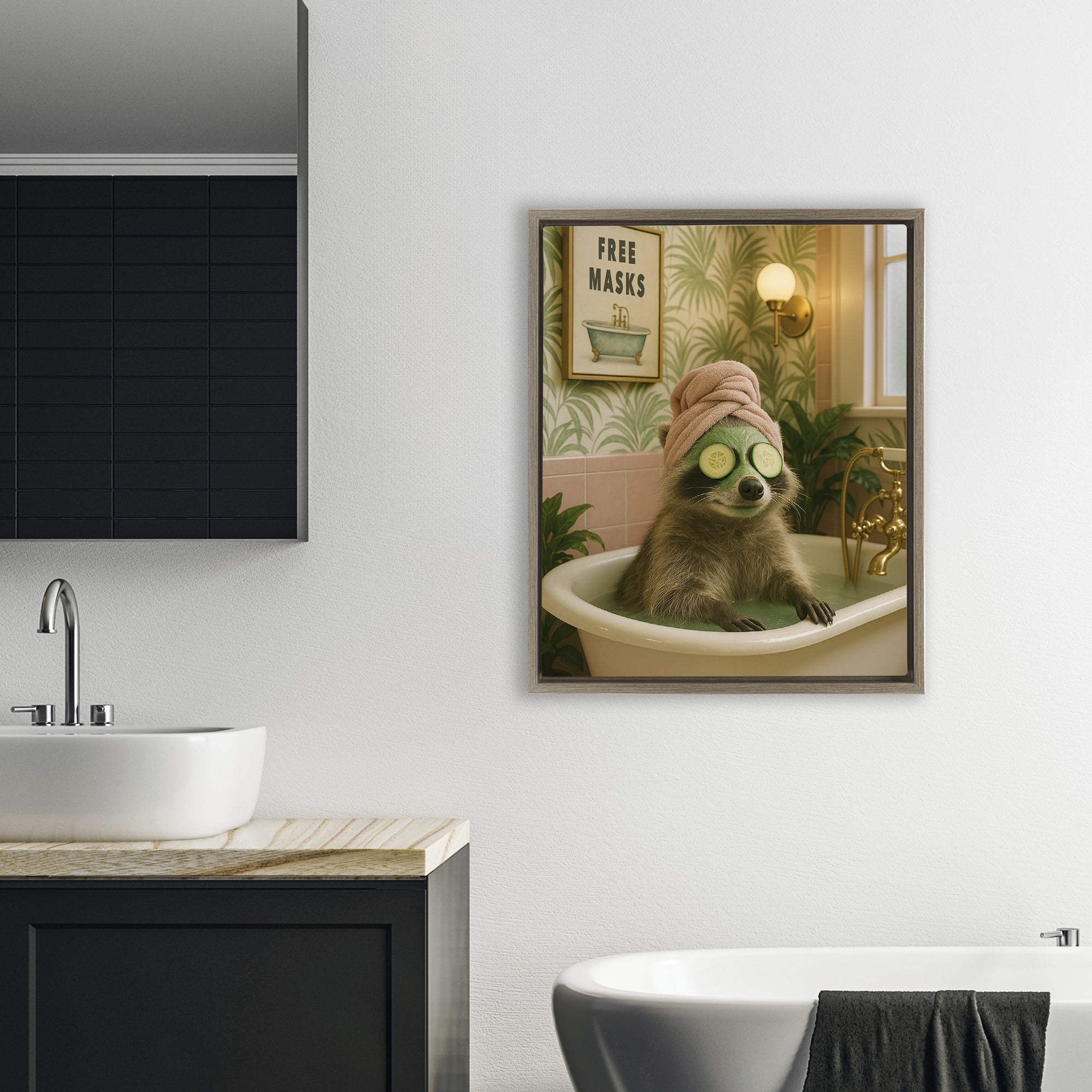 Stupell Industries Raccoon Spa Day Bath Brown Framed Floater Canvas Wall Art, design by Grotto Studios
