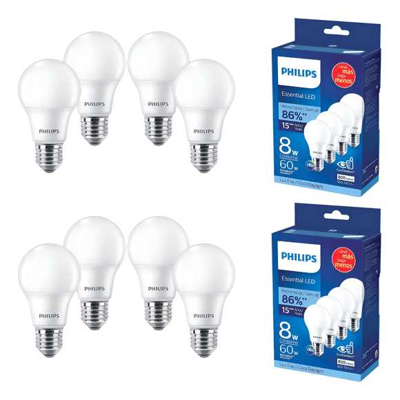 Paquete de 8 focos LED Philips ahorrador 8W 60W A19 E27