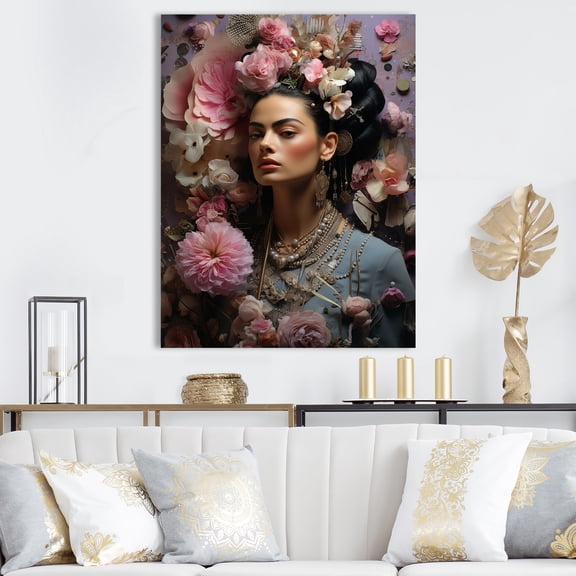 Designart "Mexican Portrait with Floral Pink and Blue II" Fashion Canvas Wall Art - Glam Pink Woman Mexican Entryway Wall Art Print