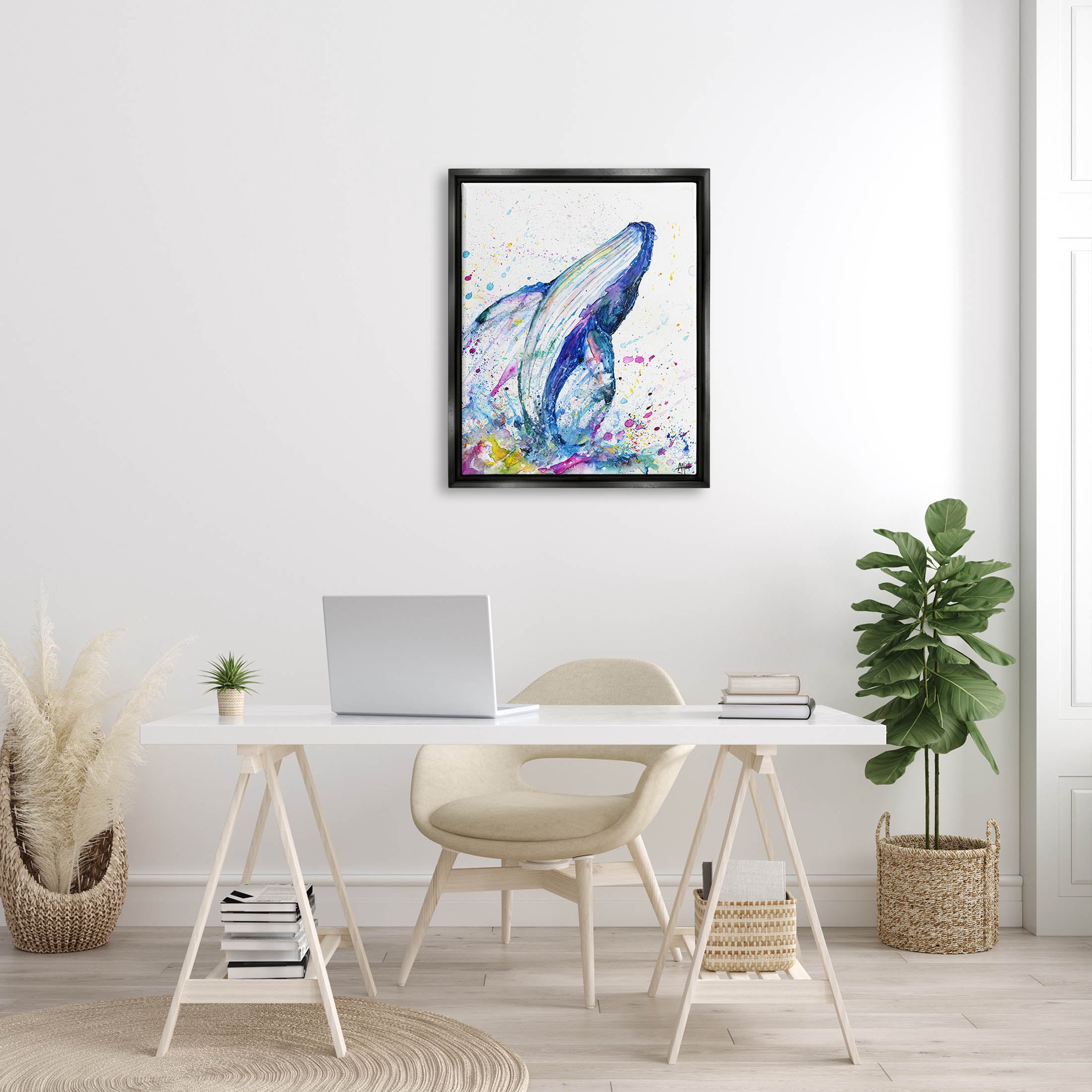 Splashing Whale Bubbles Marine Animals & Insects Graphic Art Jet Black Framed Art Print Wall Art