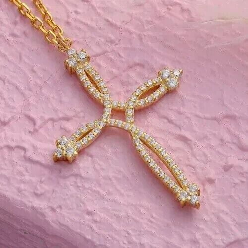 14K Yellow Gold Plated Sterling Silver 1.Ct Round Cut Lab Created Diamond Cross Charm Pendant 18" Free Chain