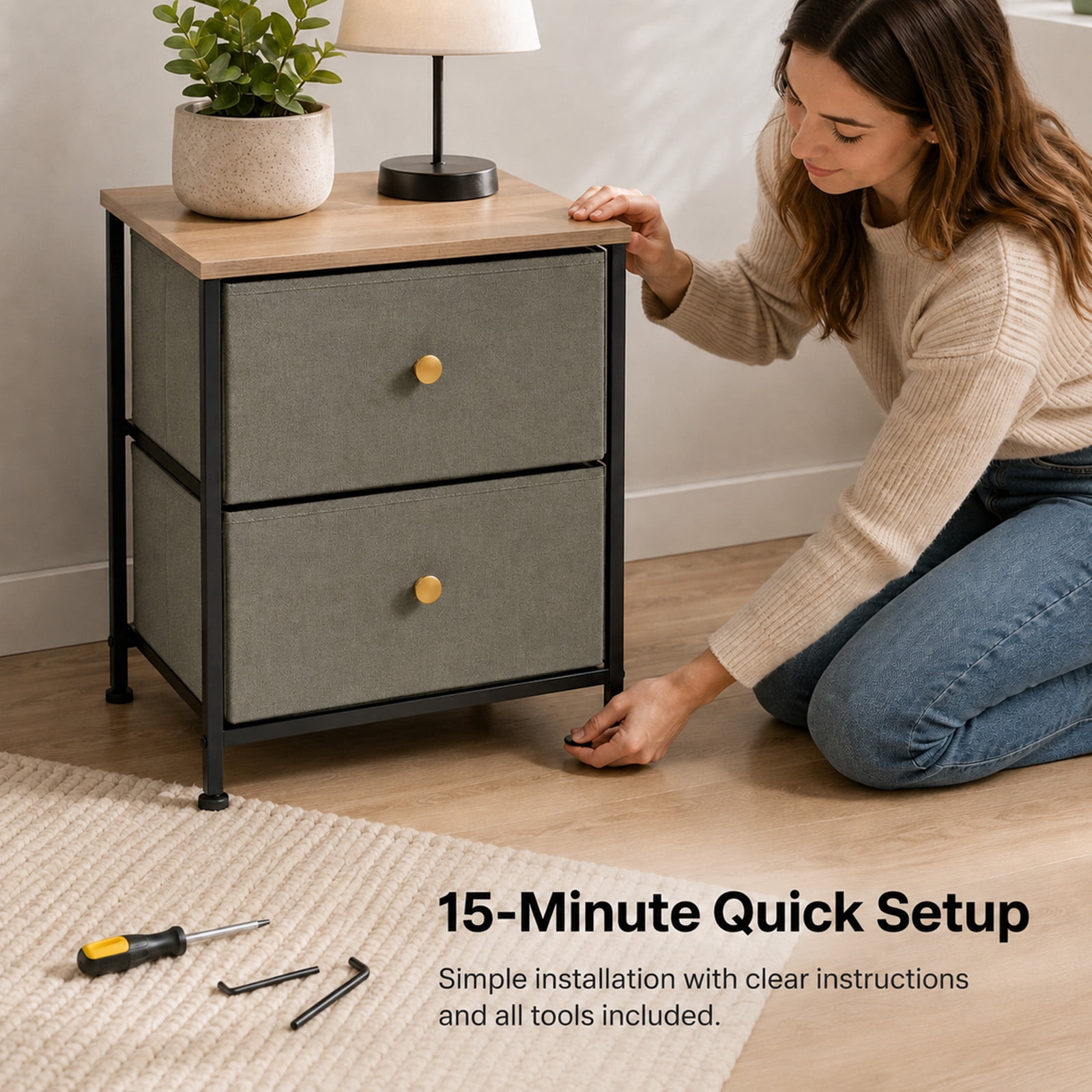 Alvantor Nightstand with 2 Storage Drawers, Small Bedside Table, Small Dresser with Sturdy Wooden Top for Daily Essentials, Compact Nightstand for Bedroom and Small Spaces