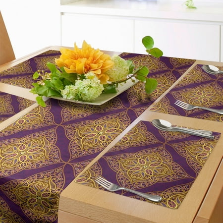 

Oriental Table Runner & Placemats Ethnic Ornamental Lacy Far Eastern Traditional Filigree Motif Set for Dining Table Decor Placemat 4 pcs + Runner 12 x72 Purple and Dark Yellow by Ambesonne