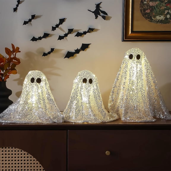 Clearance Under $8 Glittering LED Ghost Tabletop Decor – 33cm Draped Sequin Halloween Centerpiece with Warm Lights for Home Mantel, 1-Pack