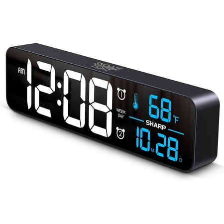 Large Display Digital Alarm Clock with 2 USB Ports (2A Each), 2.15” Jumbo LED Time, Date & Indoor Temperature, Weekday/Weekend Dual Alarms, 5-Step Dimmer to Off, Plug-in with AAA Backup