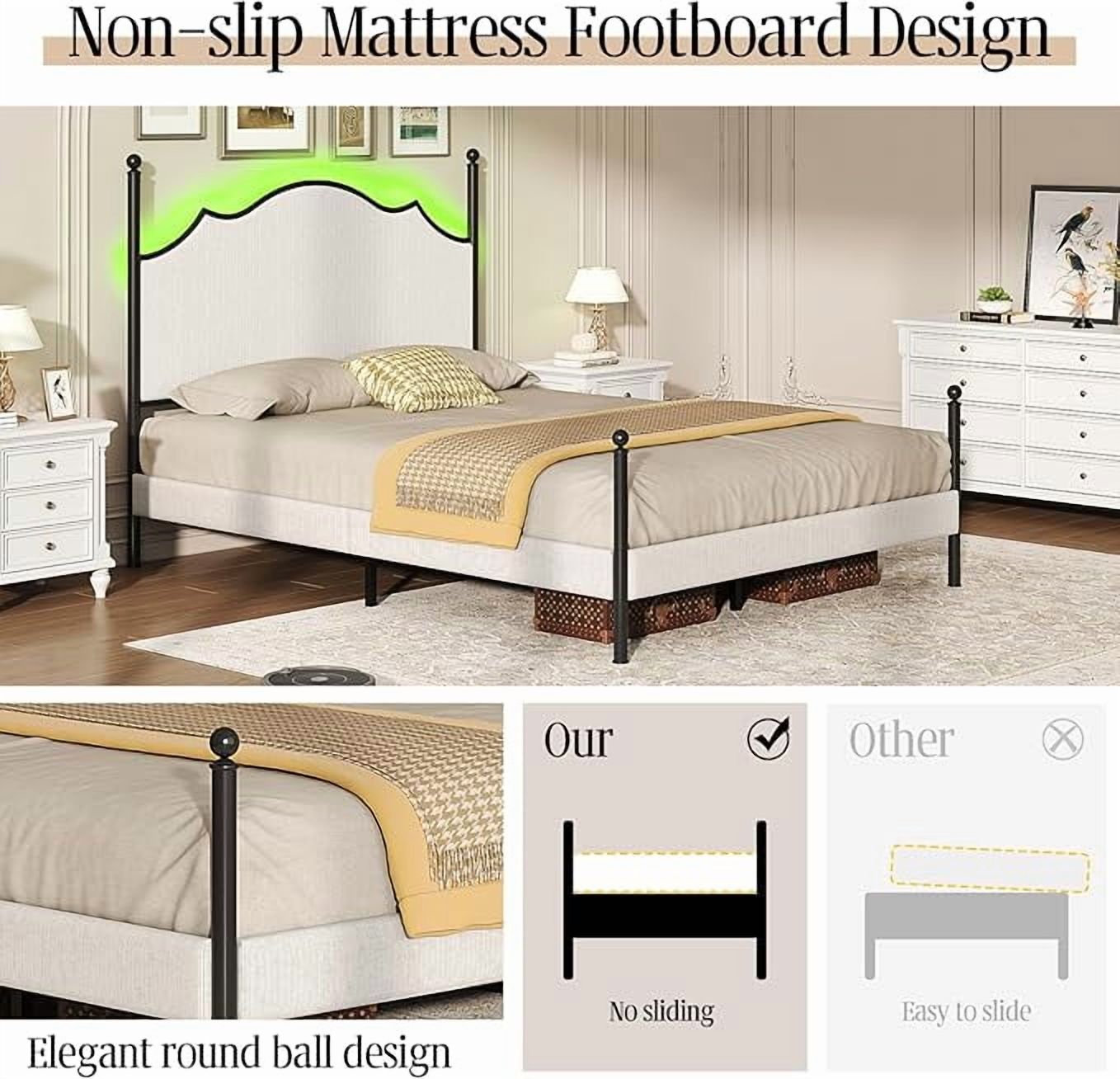 VanAcc Queen Bed Frame with LED Light & Arch Headboard, Modern Corduroy Upholstered Platform Bed with Metal Poster, Easy Assembly/Noise Free, White