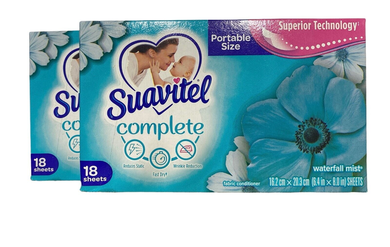 Suavitel Dryer Sheets WaterFall-mist 18 Sheets Each Pack of 2 Reduces Static, Fast Dry, Wrinkle Reduction, Fabric Conditioner