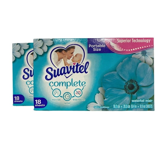 Suavitel Dryer Sheets WaterFall-mist 18 Sheets Each Pack of 2 Reduces Static, Fast Dry, Wrinkle Reduction, Fabric Conditioner