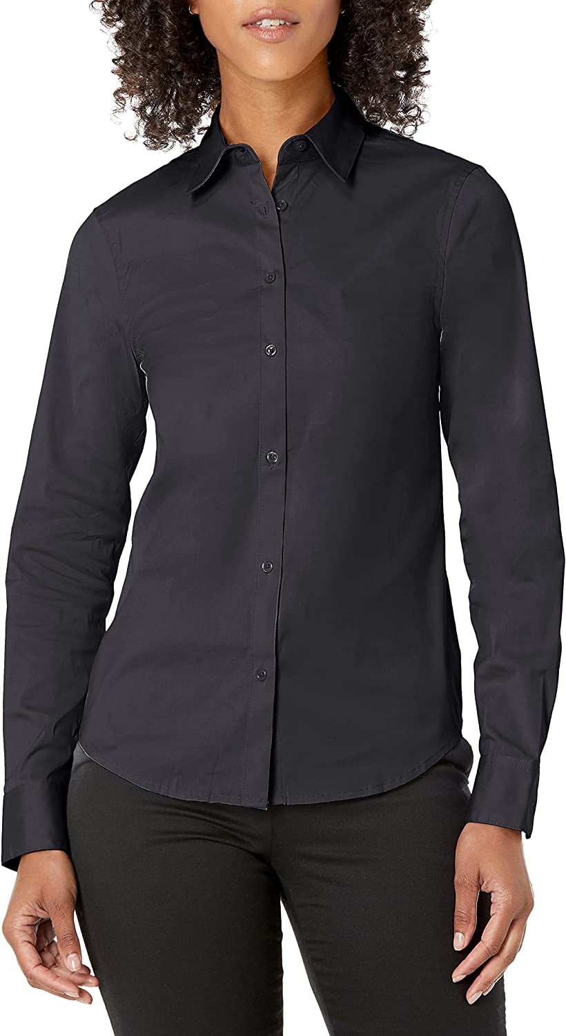 Women s Slim Fit Stretch Poplin Shirt Black 16 - Walmart.com