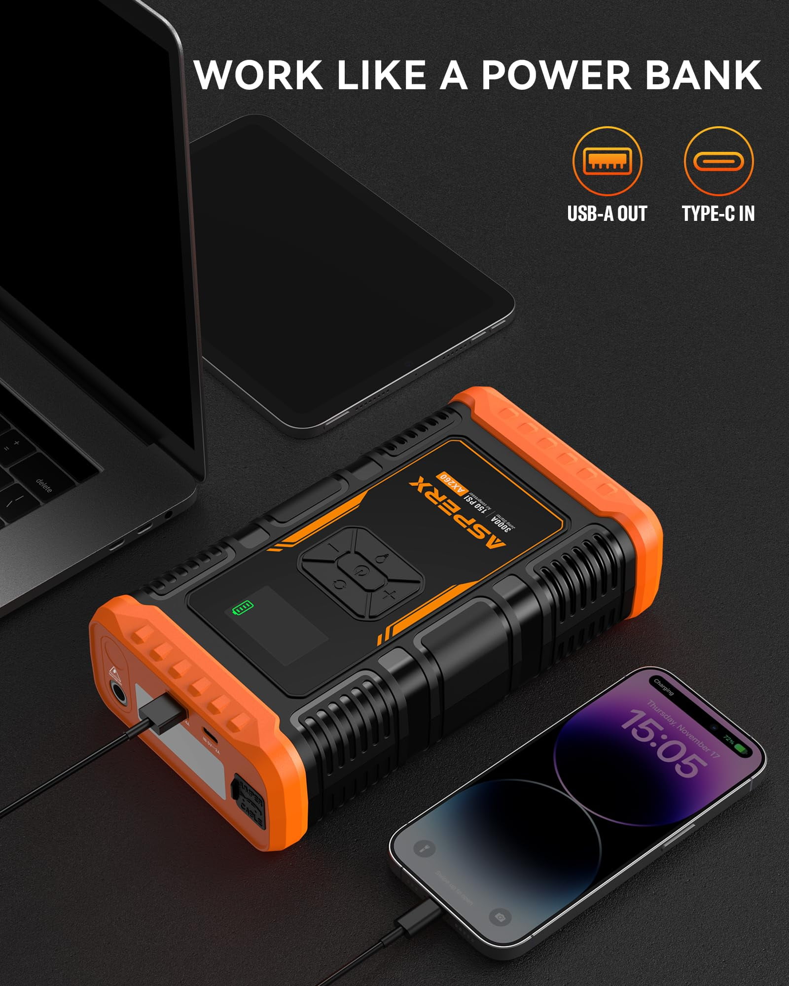 ASPERX Jump Starter with Air Compressor(Up to 10L Gas/8.0L Diesel Engines)，3000A Car Battery Jump Starter with USB Fast Charging,Portable Battery Jumper for 12V Car SUV Vehicles