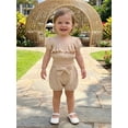 thumbnail image 4 of BemeyourBBs Toddler Baby Girls Summer Clothes Infant Baby Girls 2 Piece Outfits Short Puff Sleeve Square Neck Ruched Shirt Tops Belted Shorts Sets, 4 of 9