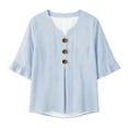 thumbnail image 7 of Qulqfy Womens Tops Striped Tunic Cotton 3/4 Sleeve Fall Ruffle Henley V-Neck Light Blue Button Down Casual Tshirts L, 7 of 7