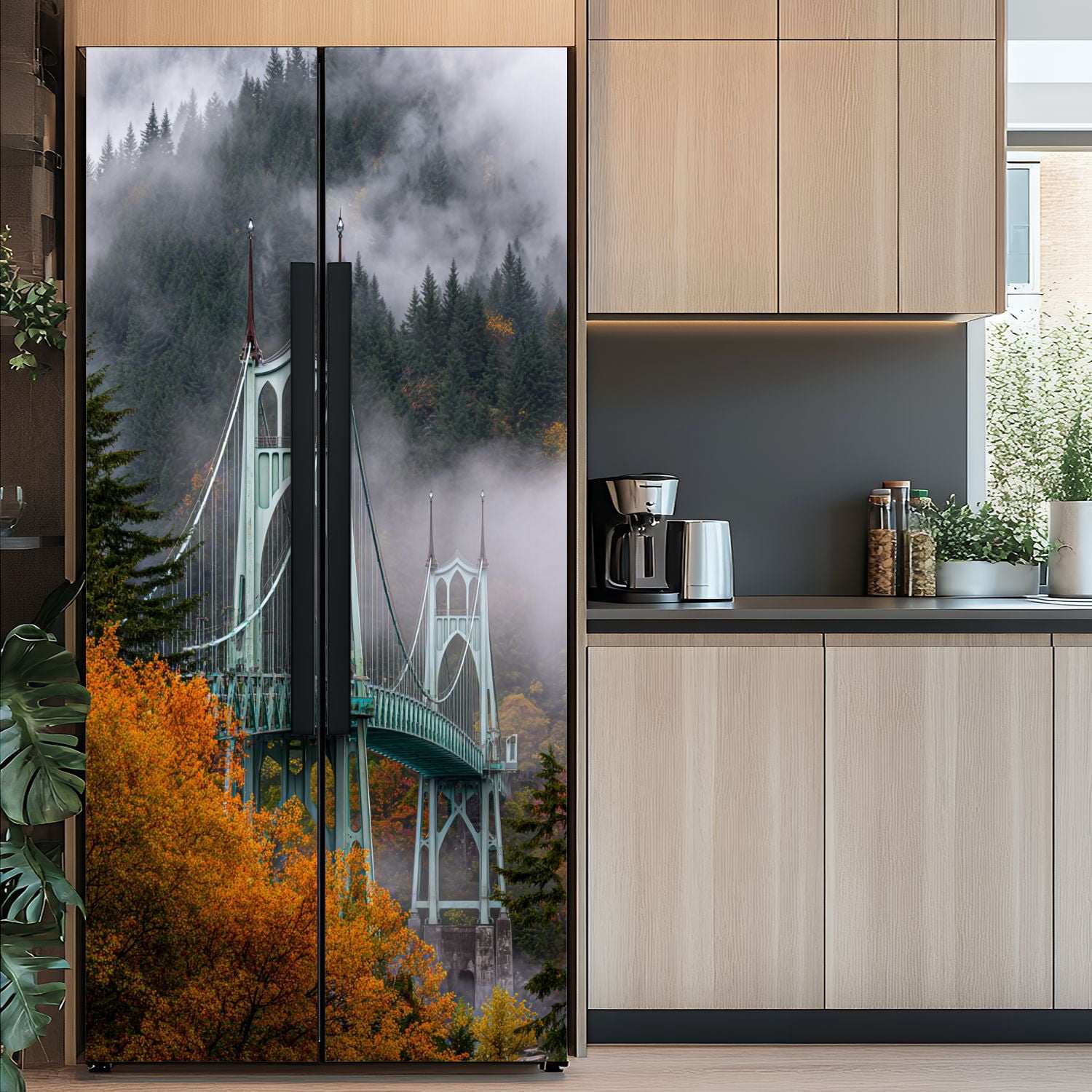 Self Adhesive Vinyl Refrigerator Wrap Set bridge portland oregon misty citys Door Mural Removable Fridge Sticker Peel and Stick&nbsp;Full Door Cover Decal Kitchen Bar Decor