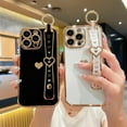 thumbnail image 4 of for iPhone 15 Pro Max Case with Hearts Wrist Strap Stand Camera Protection Luxury Glitter Plating Soft Silicone TPU Protective Case for Women Girls (White), 4 of 6